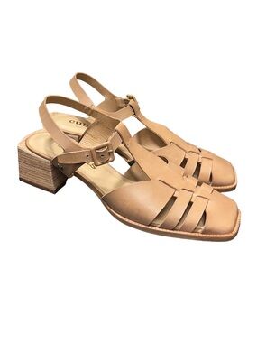 Cubanas Leather Fisherman Sandals Block Heel Square Toe Neutral Tan 37 US 6
